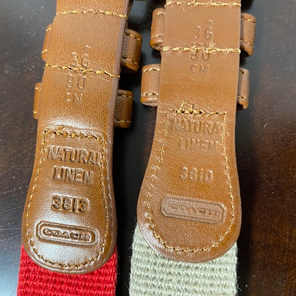2 Vintage Coach Belts Unisex 36 Tan • Red  Natural Linen & Leather Brass - Picture 4 of 7